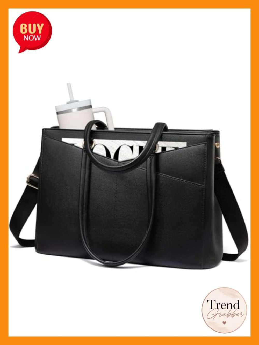 PU Leather Laptop Tote Bag 15.6 Inch Work Shoulder Bag with Cup Holder
